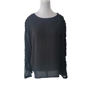 Who What Wear Size M Sheer‎ Long Sleeve Lace Ruffle Sleeve Blouse Black